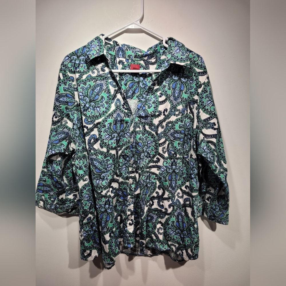 212 Womans Blue And Green Paisley Button Up Top